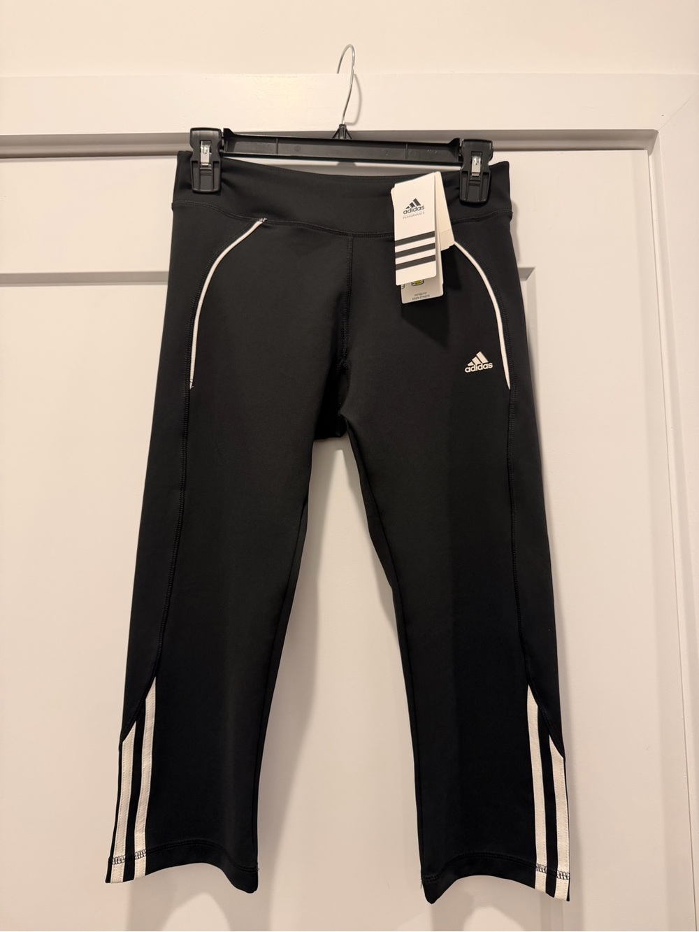 adidas Black Capri Leggings with White Stripe Accents